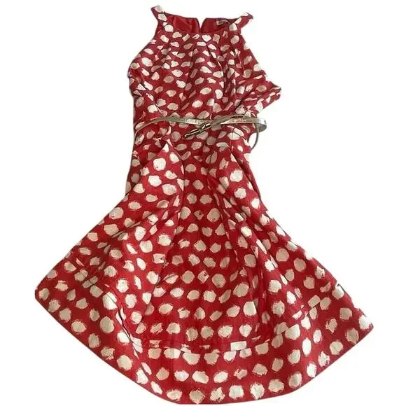 Reto Eliza JRed Coral/White Paint Brush Polka Dot Sleeveless A-Line Dress 14